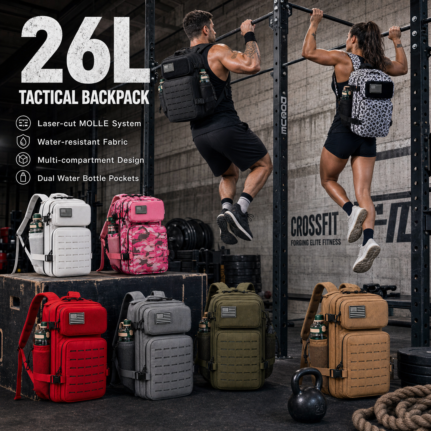 Crossfit Fitness Gear - กระเป๋าเป้สะพายหลังยิมขนาด 26 ลิตรสำหรับผู้ชายพร้อมที่วางแก้วคู่กระเป๋าเป้สะพายหลังออกกำลังกายแบบยุทธวิธีพร้อมระบบ MOLLE สำหรับการยกน้ำหนักครอสฟิต การฝึกซ้อม
