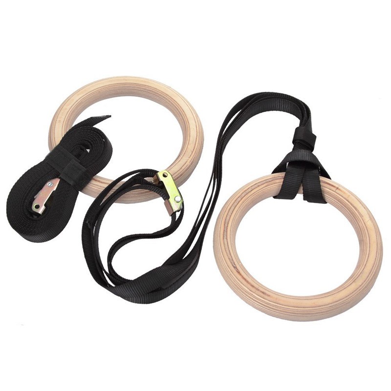 Gymnastic Ring Wood - แหวนยิมนาสติกฟิตเนสพร้อมหัวเข็มขัดยาวปรับได้, ออกกําลังกายแบบไม้, Crossfit, Pull-Up, Muscle Ups