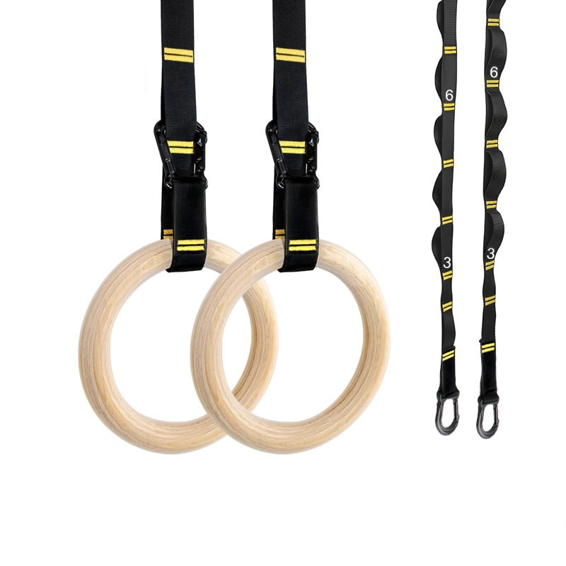 Gymnastic Ring Wood - ห่วงยิมนาสติกแบบดึงขึ้นขนาด 28 มม. 32 มม. ห่วงไม้กันลื่นพร้อมสายรัดปรับได้สำหรับออกกำลังกายที่บ้าน